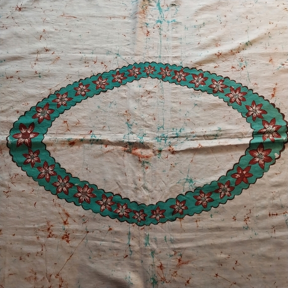 Rare Silk Tablecloth Runner Red Green Sri Lanka Poinsettia 54"×70" Handmade Art - Picture 3 of 10